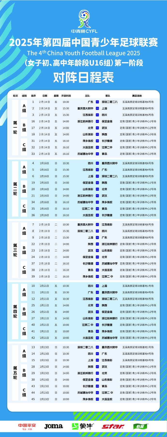 中國青少年足球聯賽（女子初高中年齡段U16組）第一階段競賽日程